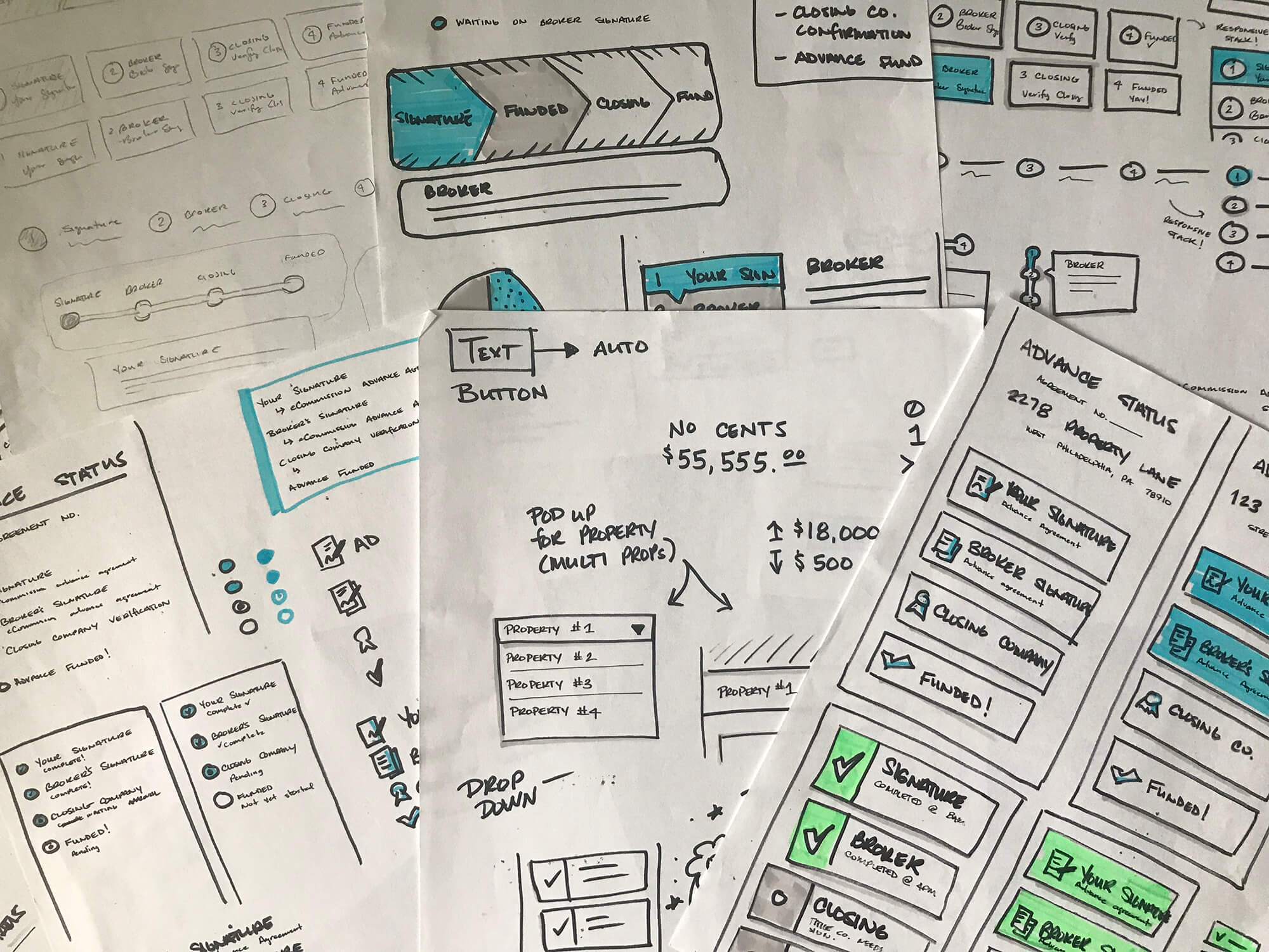 Piles of hand-drawn sketches. A quick, efficient and low-cost way to communicate solutions.